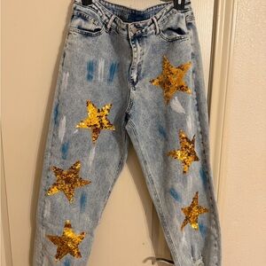 Women’s Light Wash Jeans with Gold Sequin Star Embellishments